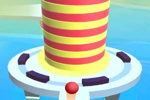 Wieża z czerwono-żółtymi pasami na platformie otoczonej wodą, z czerwoną kulą na pierwszym planie