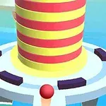 Wieża z czerwono-żółtymi pasami na platformie otoczonej wodą, z czerwoną kulą na pierwszym planie