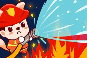 Kreskówkowy zwierzak w stroju strażaka gasi ogień wodnym wężem