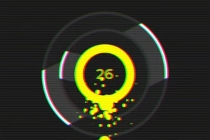 Żółty pierścień z numerem 26 na ciemnym tle z efektem glitch i rozpryskującymi się cząstkami