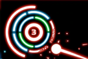 Kolorowe koncentryczne okręgi z numerem trzy w centrum i jaśniejącą linią na czarnym tle