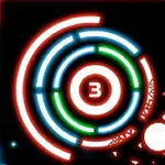 Kolorowe koncentryczne okręgi z numerem trzy w centrum i jaśniejącą linią na czarnym tle