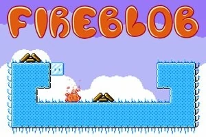 Niebieska platforma z lodem i drewnianymi kłodami oraz pomarańczową postacią na kolorowym tle z napisem