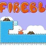 Niebieska platforma z lodem i drewnianymi kłodami oraz pomarańczową postacią na kolorowym tle z napisem