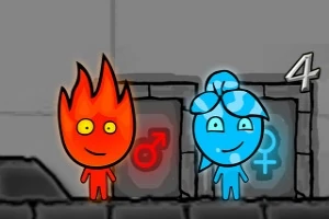 Dwie postacie, czerwona ognista i niebieska wodna, stojące przed oznaczonymi drzwiami z symbolami płci w szarym pomieszczeniu, z liczbą 4 nad nimi