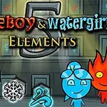 Ogień i woda, postacie w kształcie płomienia i kropli, na tle z symbolami żywiołów oraz dużą liczbą 5