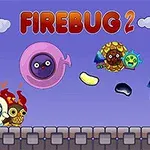 Kolorowe postacie z kreskówki na tle nieba, tytuł Firebug 2 u góry, z różnymi postaciami i przeszkodami w ruchu na murze z kamieni