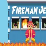 Strażak w czerwonym mundurze stoi przed niebieskim budynkiem z płonącym oknem i napisem Fireman Jet, a w innych oknach widoczne są postacie w potrzebie