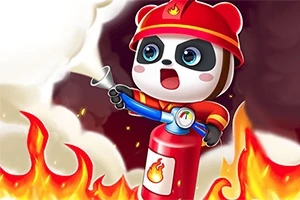 Panda strażak w czerwonym hełmie i ubraniu gasi ogień gaśnicą, otoczony płomieniami