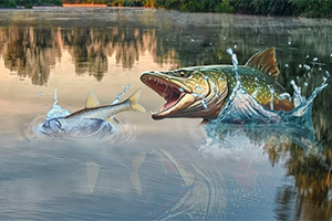 Szczupak wyskakujący z wody, łapiący mniejszą rybę