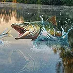 Szczupak wyskakujący z wody, łapiący mniejszą rybę