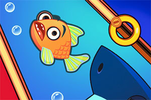 Pomarańczowa ryba z szeroko otwartymi oczami pływa w wodzie z bańkami, otoczona kolorowym tłem i okrągłym, złotym pierścieniem