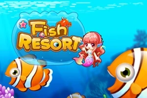 Logo z napisem Fish Resort z małą syrenką i dwoma pomarańczowymi rybkami na tle podwodnym