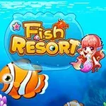 Logo z napisem Fish Resort z małą syrenką i dwoma pomarańczowymi rybkami na tle podwodnym
