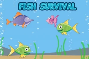 Kolorowe ryby pływające pod wodą z bąbelkami i wodorostami w tle oraz napis FISH SURVIVAL u góry