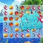 Plansza z kolorowymi ikonami muszelek, ryb, koników morskich i napisem Fish World na tle tropikalnego morza