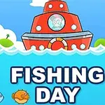 Czerwony statek na morzu z napisem FISHING DAY oraz rybami pływającymi dookoła