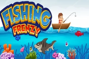 Chłopiec w łódce łowi ryby w kolorowym podwodnym świecie pełnym ryb i rekinów, z logo Fishing Frenzy na górze