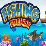 Chłopiec w łódce łowi ryby w kolorowym podwodnym świecie pełnym ryb i rekinów, z logo Fishing Frenzy na górze
