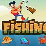 Mężczyzna w czerwonym ubraniu łowi buta na wędkę nad wodą z kolorowymi rybami i krabem, a pod spodem znajduje się napis FISHING