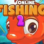 Duża pomarańczowa ryba z dużymi oczami na tle podwodnego krajobrazu z napisem Online Fishing 2