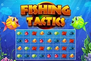 Kolorowe ryby na planszy z tytułem Fishing Tactics w podwodnym tle