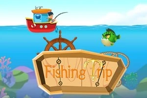 Człowiek na czerwonej łodzi wędkarskiej z dużą zieloną rybą pod wodą i drewnianym znakiem z napisem Fishing Trip na tle podwodnego krajobrazu