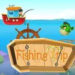 Człowiek na czerwonej łodzi wędkarskiej z dużą zieloną rybą pod wodą i drewnianym znakiem z napisem Fishing Trip na tle podwodnego krajobrazu