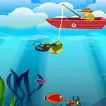 Mężczyzna w czerwonej łódce łowiący ryby w kolorowym podwodnym świecie z różnorodnymi rybami i roślinami