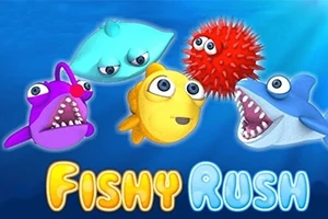 Rysunkowe kolorowe ryby i jedna ryba rozdymka na niebieskim tle, z napisem Fishy Rush