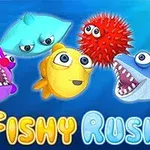 Rysunkowe kolorowe ryby i jedna ryba rozdymka na niebieskim tle, z napisem Fishy Rush