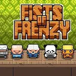 Postacie w pikselowej grafice ustawione na scenie z kolorowym napisem w tle