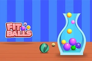 Kolorowe kule w niebieskim wazonie na drewnianej podłodze, z widocznym logo Fit Balls po lewej stronie na tle niebieskich pasków