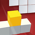 Żółty sześcian umieszczony na trzech białych blokach na czerwonym tle