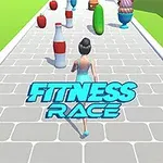 Postać kobiety biegnącej ścieżką z przeszkodami w postaci owoców, butelek i rożków lodowych, z widocznym napisem Fitness Race