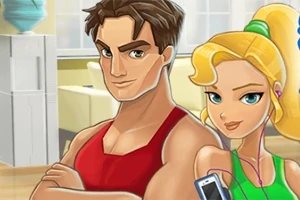 Dwie postacie rysunkowe, mężczyzna w czerwonym tank topie i kobieta z blond włosami w zielonym stroju z słuchawkami i telefonem, stoją w pomieszczeniu