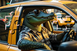 Krokodyl w okularach przeciwsłonecznych prowadzący żółtą taksówkę
