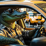 Krokodyl w okularach przeciwsłonecznych prowadzący żółtą taksówkę