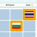 Flagi różnych krajów na siatce z poziomem i wynikiem w górnej części obrazu