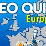 Napis GEO QUIZ Europe na tle mapy Europy z zaznaczonymi granicami państw