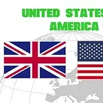 Flagi Wielkiej Brytanii i Stanów Zjednoczonych na tle konturów mapy świata z zielonym napisem United States of America