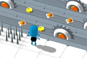 Niebieska postać stoi na białej podłodze obok ruchomej taśmy z piłami i żółtymi przedmiotami, a obok widać kolce