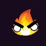 Głowa z ognia z wyrazistymi oczami i grubymi czarnymi brwiami na ciemnym tle