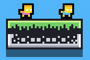 Dwa pikselowe ludziki na platformie z elementami przypominającymi klawiaturę na niebieskim tle