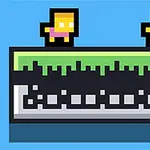 Dwa pikselowe ludziki na platformie z elementami przypominającymi klawiaturę na niebieskim tle