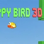 Żółty pikselowy ptak poruszający się na tle nieba z tytułem Flappy Bird 3D u góry