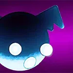 Czarna, kulista postać z jasnymi oczami i nietoperzymi skrzydłami na fioletowym tle