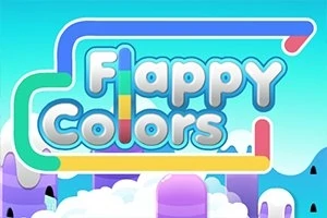 Kolorowy napis Flappy Colors na tle błękitnego nieba z chmurami i fioletowymi wzgórzami