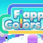 Kolorowy napis Flappy Colors na tle błękitnego nieba z chmurami i fioletowymi wzgórzami
