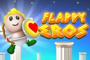 Postać aniołka z żółtymi włosami i tarczą z sercem przelatująca nad białymi kolumnami w tle z napisem Flappy Eros